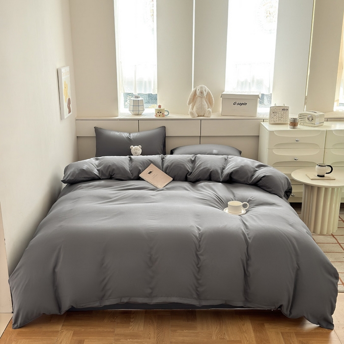 91家纺网 家纺一手货源 找家纺 可可家纺 2025新款ins风纯色磨毛简约水洗棉四件套亲肤床单被套三件套 纯深灰
