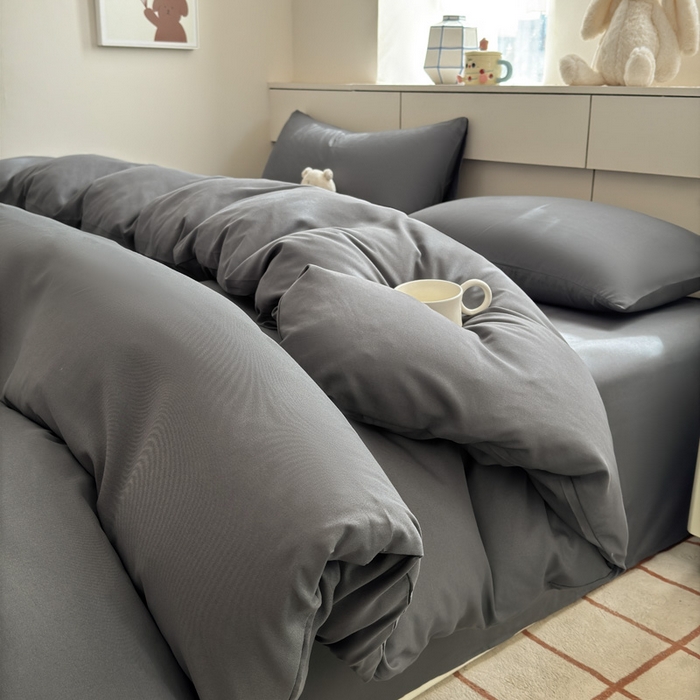 91家纺网 家纺一手货源 找家纺 可可家纺 2025新款ins风纯色磨毛简约水洗棉四件套亲肤床单被套三件套 纯深灰