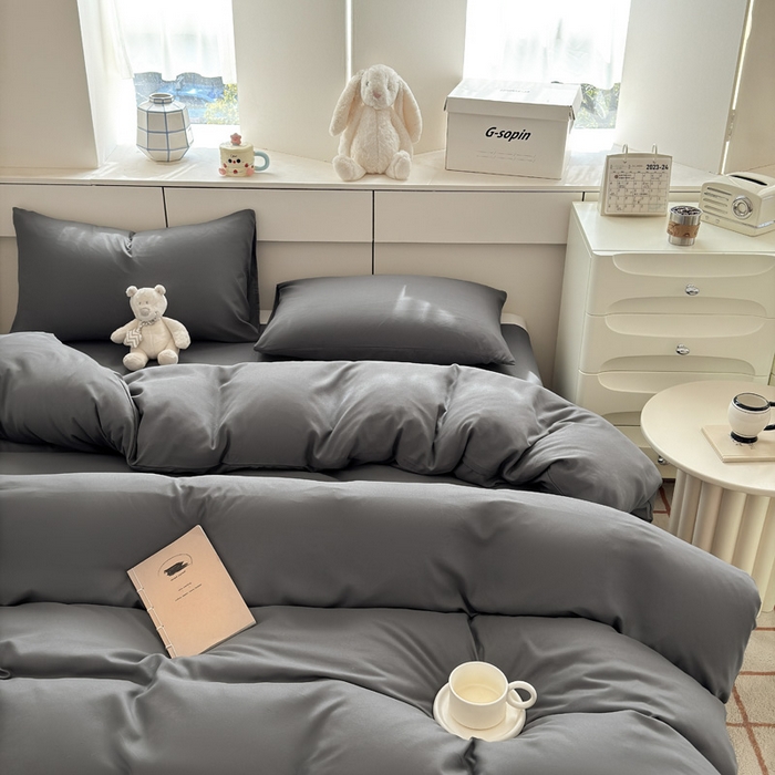 91家纺网 家纺一手货源 找家纺 可可家纺 2025新款ins风纯色磨毛简约水洗棉四件套亲肤床单被套三件套 纯深灰