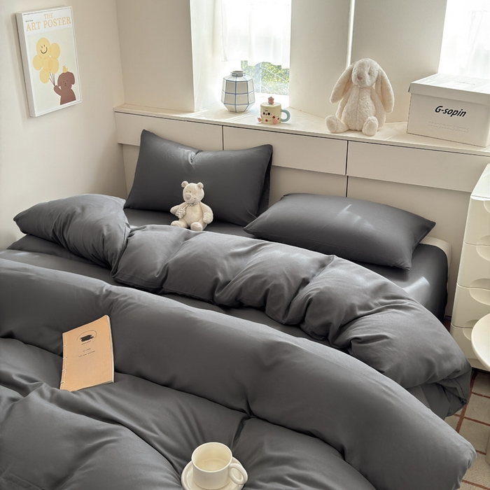 91家纺网 家纺一手货源 找家纺 可可家纺 2025新款ins风纯色磨毛简约水洗棉四件套亲肤床单被套三件套 纯深灰