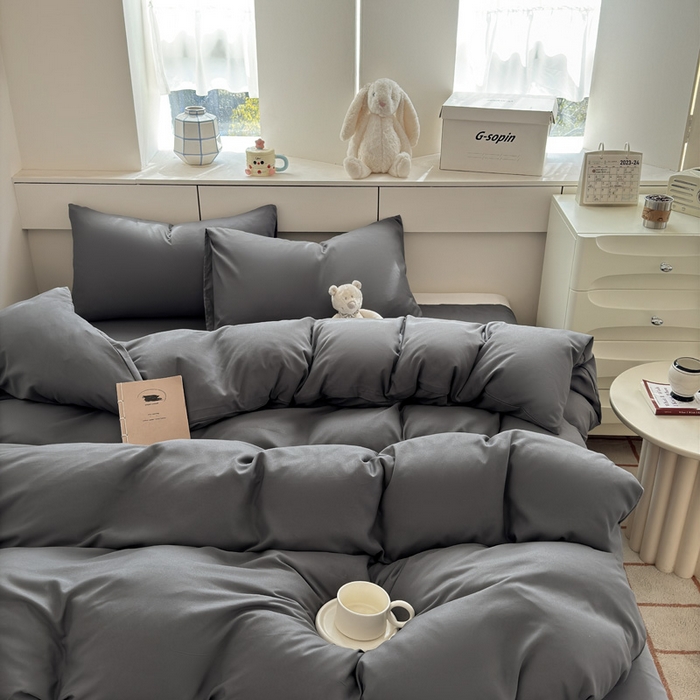 91家纺网 家纺一手货源 找家纺 可可家纺 2025新款ins风纯色磨毛简约水洗棉四件套亲肤床单被套三件套 纯深灰