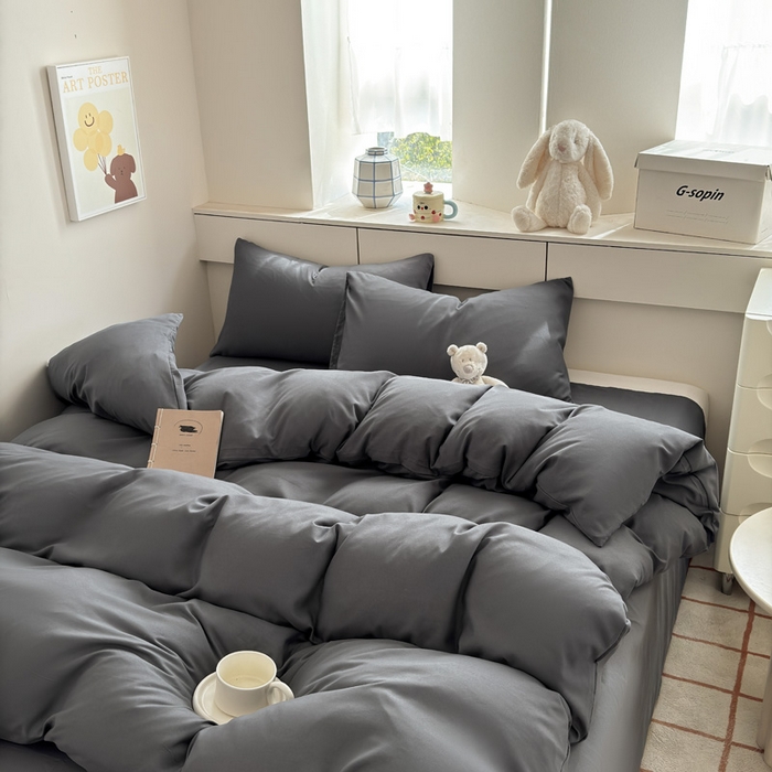 91家纺网 家纺一手货源 找家纺 可可家纺 2025新款ins风纯色磨毛简约水洗棉四件套亲肤床单被套三件套 纯深灰