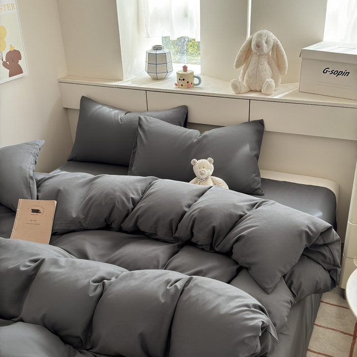 91家纺网 家纺一手货源 找家纺 可可家纺 2025新款ins风纯色磨毛简约水洗棉四件套亲肤床单被套三件套 纯深灰