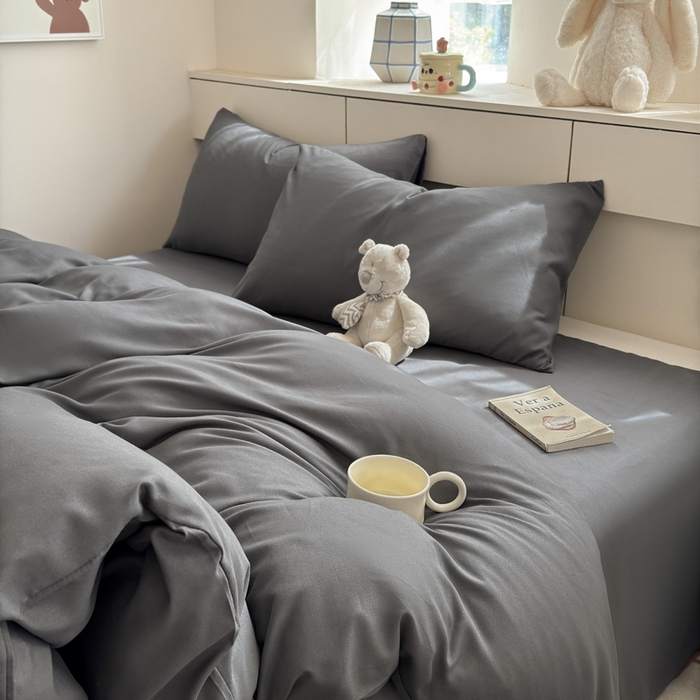 91家纺网 家纺一手货源 找家纺 可可家纺 2025新款ins风纯色磨毛简约水洗棉四件套亲肤床单被套三件套 纯深灰