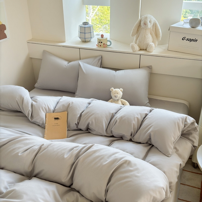 91家纺网 家纺一手货源 找家纺 可可家纺 2025新款ins风纯色磨毛简约水洗棉四件套亲肤床单被套三件套 纯银灰