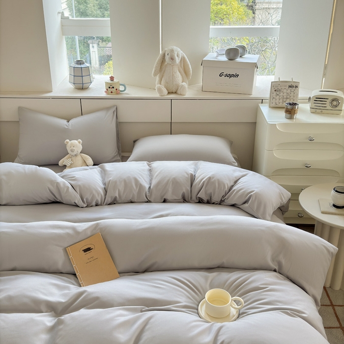 91家纺网 家纺一手货源 找家纺 可可家纺 2025新款ins风纯色磨毛简约水洗棉四件套亲肤床单被套三件套 纯银灰