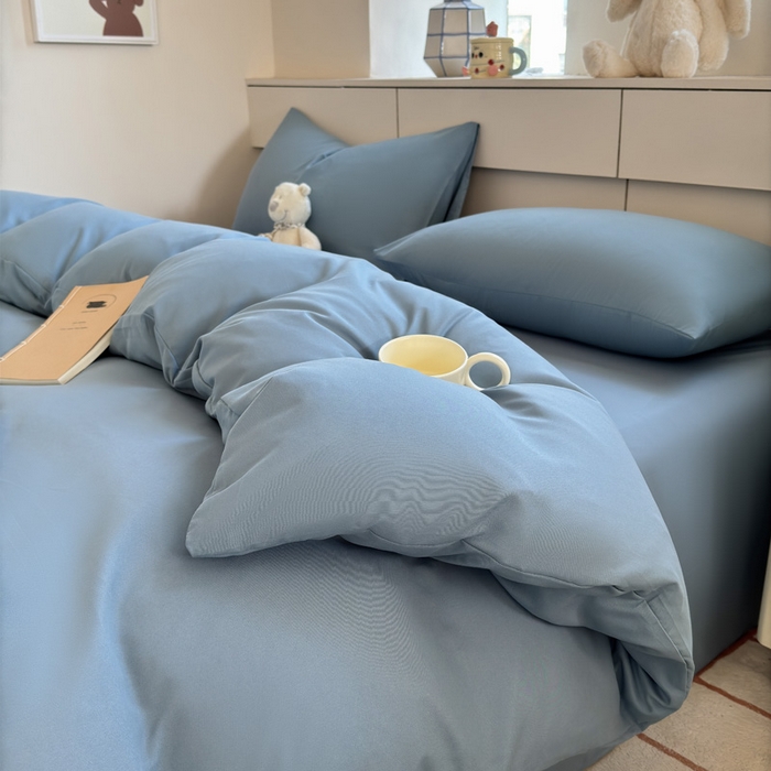 可可家纺 2025新款ins风纯色磨毛简约水洗棉四件套亲肤床单被套三件套 纯月光蓝