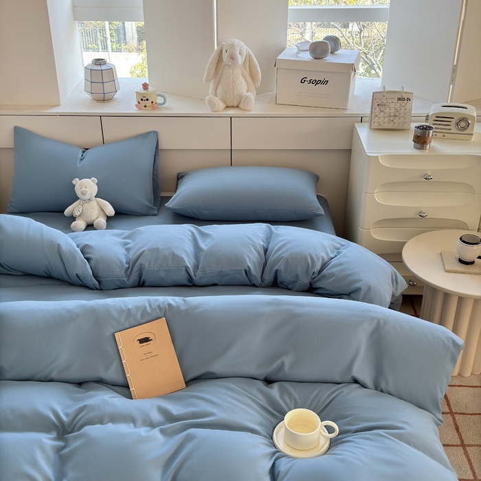 91家纺网 家纺一手货源 找家纺 可可家纺 2025新款ins风纯色磨毛简约水洗棉四件套亲肤床单被套三件套 纯月光蓝