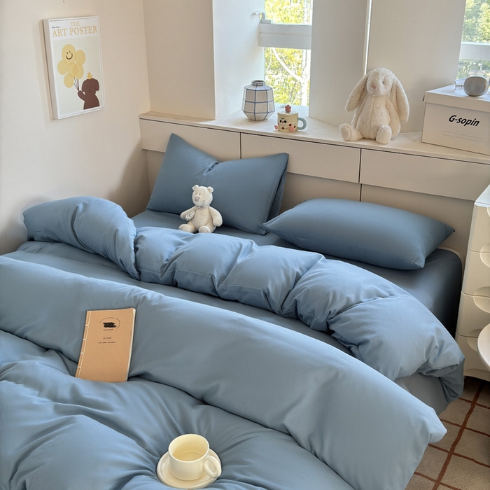 91家纺网 家纺一手货源 找家纺 可可家纺 2025新款ins风纯色磨毛简约水洗棉四件套亲肤床单被套三件套 纯月光蓝