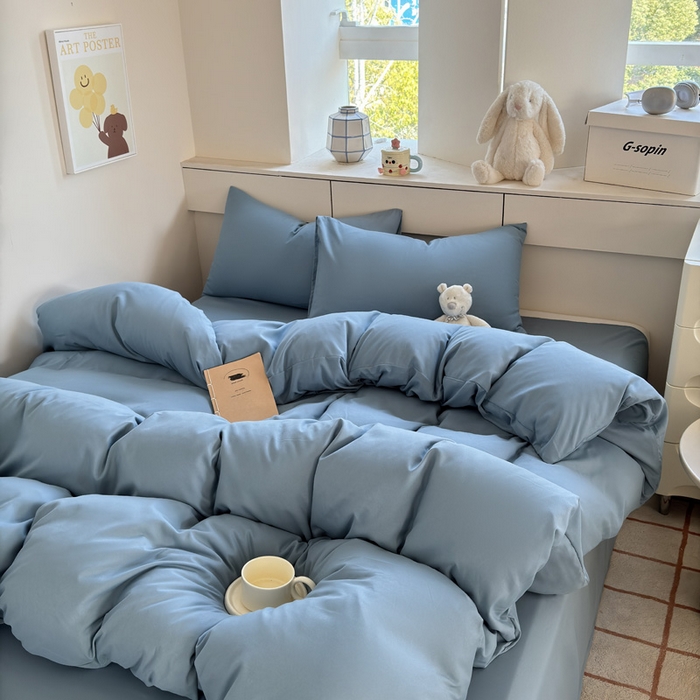 91家纺网 家纺一手货源 找家纺 可可家纺 2025新款ins风纯色磨毛简约水洗棉四件套亲肤床单被套三件套 纯月光蓝