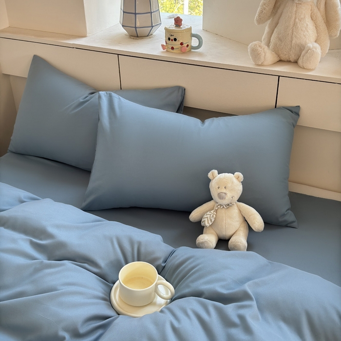 91家纺网 家纺一手货源 找家纺 可可家纺 2025新款ins风纯色磨毛简约水洗棉四件套亲肤床单被套三件套 纯月光蓝