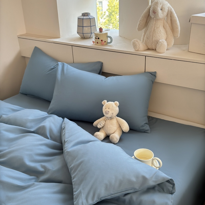 91家纺网 家纺一手货源 找家纺 可可家纺 2025新款ins风纯色磨毛简约水洗棉四件套亲肤床单被套三件套 纯月光蓝