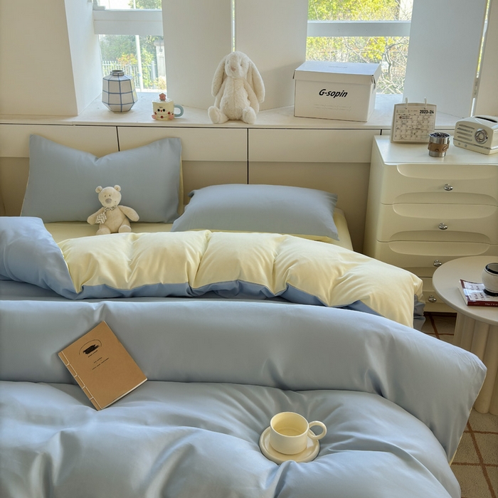 91家纺网 家纺一手货源 找家纺 可可家纺 2025新款ins风纯色磨毛简约水洗棉四件套亲肤床单被套三件套 浅蓝芝士