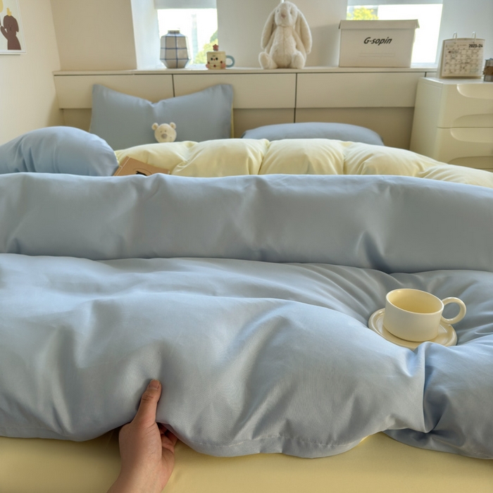 91家纺网 家纺一手货源 找家纺 可可家纺 2025新款ins风纯色磨毛简约水洗棉四件套亲肤床单被套三件套 浅蓝芝士