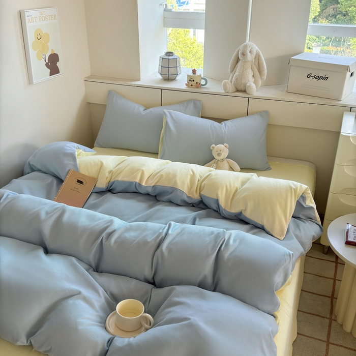 91家纺网 家纺一手货源 找家纺 可可家纺 2025新款ins风纯色磨毛简约水洗棉四件套亲肤床单被套三件套 浅蓝芝士