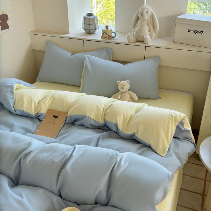 91家纺网 家纺一手货源 找家纺 可可家纺 2025新款ins风纯色磨毛简约水洗棉四件套亲肤床单被套三件套 浅蓝芝士