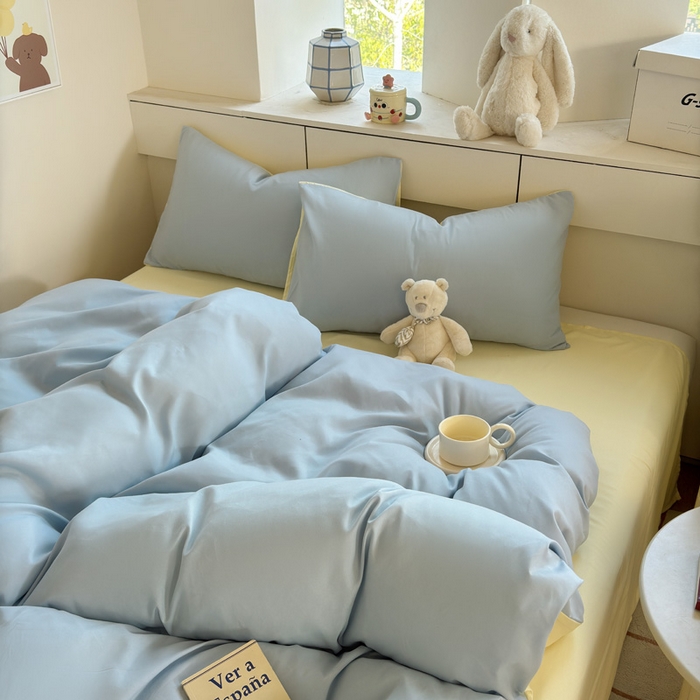 91家纺网 家纺一手货源 找家纺 可可家纺 2025新款ins风纯色磨毛简约水洗棉四件套亲肤床单被套三件套 浅蓝芝士
