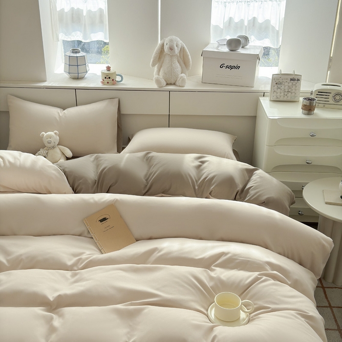 91家纺网 家纺一手货源 找家纺 可可家纺 2025新款ins风纯色磨毛简约水洗棉四件套亲肤床单被套三件套 浅玉卡其