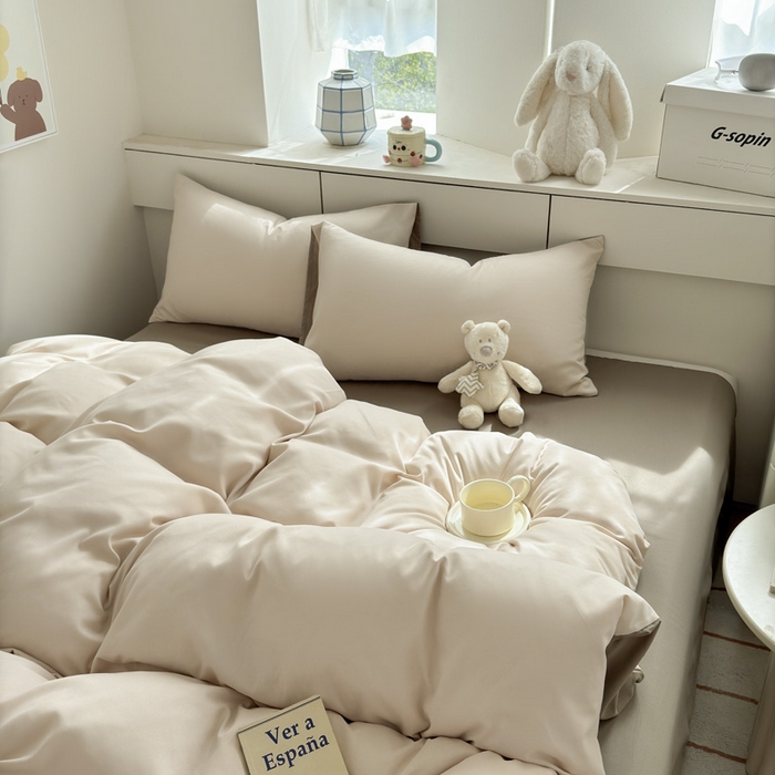 91家纺网 家纺一手货源 找家纺 可可家纺 2025新款ins风纯色磨毛简约水洗棉四件套亲肤床单被套三件套 浅玉卡其