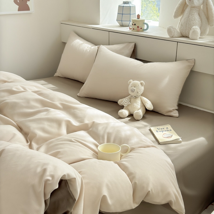 91家纺网 家纺一手货源 找家纺 可可家纺 2025新款ins风纯色磨毛简约水洗棉四件套亲肤床单被套三件套 浅玉卡其