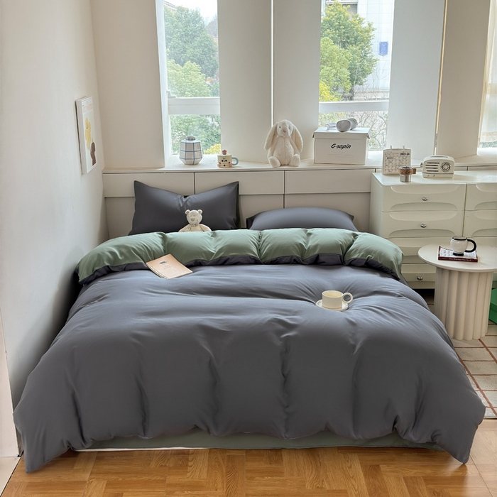 91家纺网 家纺一手货源 找家纺 可可家纺 2025新款ins风纯色磨毛简约水洗棉四件套亲肤床单被套三件套 深灰抹茶