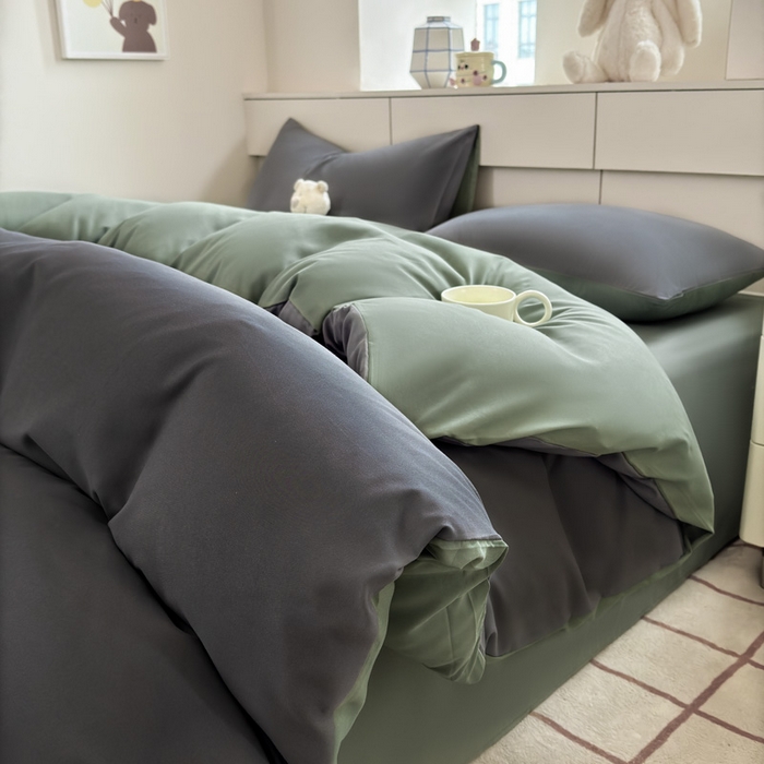 91家纺网 家纺一手货源 找家纺 可可家纺 2025新款ins风纯色磨毛简约水洗棉四件套亲肤床单被套三件套 深灰抹茶