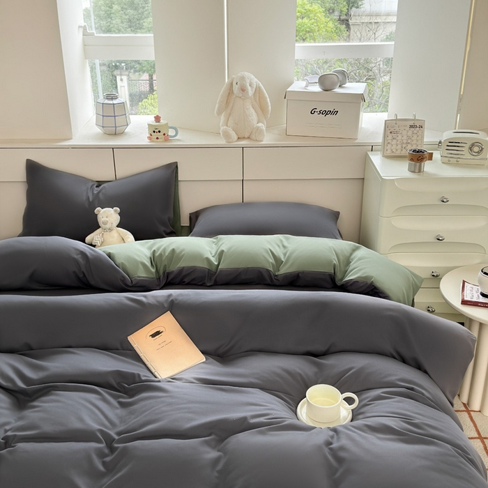 91家纺网 家纺一手货源 找家纺 可可家纺 2025新款ins风纯色磨毛简约水洗棉四件套亲肤床单被套三件套 深灰抹茶