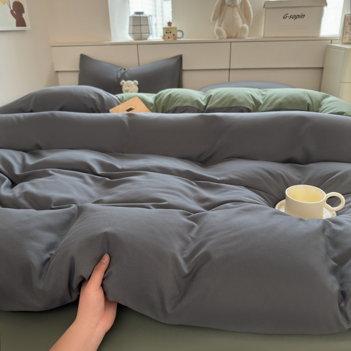 91家纺网 家纺一手货源 找家纺 可可家纺 2025新款ins风纯色磨毛简约水洗棉四件套亲肤床单被套三件套 深灰抹茶