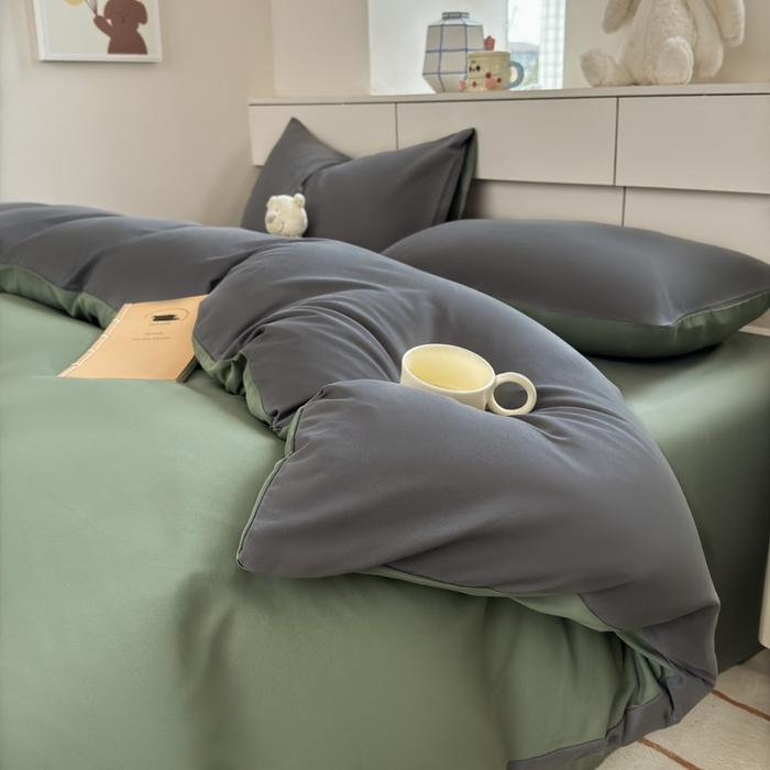 91家纺网 家纺一手货源 找家纺 可可家纺 2025新款ins风纯色磨毛简约水洗棉四件套亲肤床单被套三件套 深灰抹茶