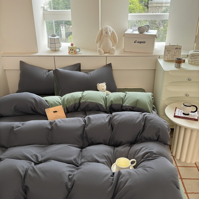 91家纺网 家纺一手货源 找家纺 可可家纺 2025新款ins风纯色磨毛简约水洗棉四件套亲肤床单被套三件套 深灰抹茶