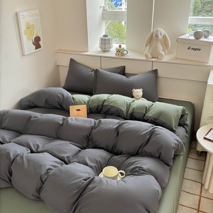 91家纺网 家纺一手货源 找家纺 可可家纺 2025新款ins风纯色磨毛简约水洗棉四件套亲肤床单被套三件套 深灰抹茶