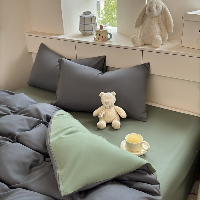 91家纺网 家纺一手货源 找家纺 可可家纺 2025新款ins风纯色磨毛简约水洗棉四件套亲肤床单被套三件套 深灰抹茶