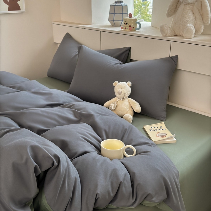 91家纺网 家纺一手货源 找家纺 可可家纺 2025新款ins风纯色磨毛简约水洗棉四件套亲肤床单被套三件套 深灰抹茶