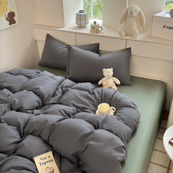 91家纺网 家纺一手货源 找家纺 可可家纺 2025新款ins风纯色磨毛简约水洗棉四件套亲肤床单被套三件套 深灰抹茶