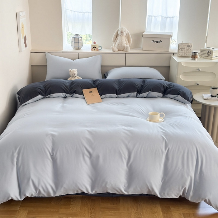 91家纺网 家纺一手货源 找家纺 可可家纺 2025新款ins风纯色磨毛简约水洗棉四件套亲肤床单被套三件套 雾蓝洛克兰