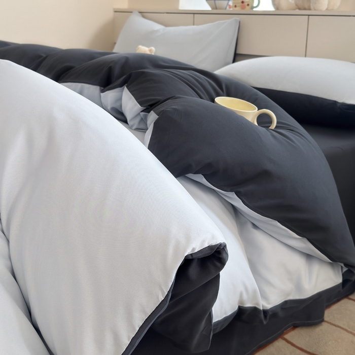 91家纺网 家纺一手货源 找家纺 可可家纺 2025新款ins风纯色磨毛简约水洗棉四件套亲肤床单被套三件套 雾蓝洛克兰