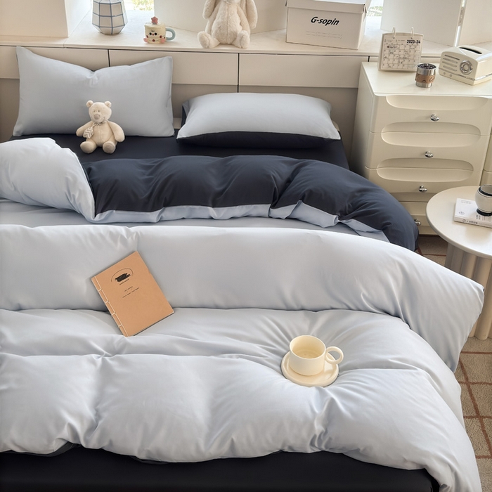 91家纺网 家纺一手货源 找家纺 可可家纺 2025新款ins风纯色磨毛简约水洗棉四件套亲肤床单被套三件套 雾蓝洛克兰