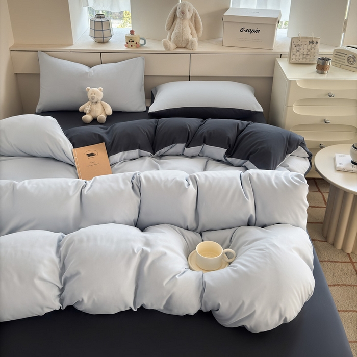 91家纺网 家纺一手货源 找家纺 可可家纺 2025新款ins风纯色磨毛简约水洗棉四件套亲肤床单被套三件套 雾蓝洛克兰