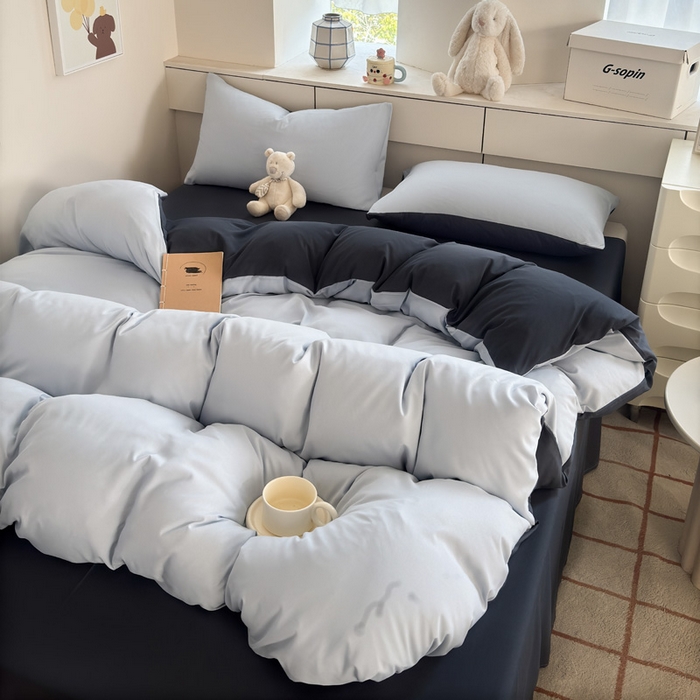 91家纺网 家纺一手货源 找家纺 可可家纺 2025新款ins风纯色磨毛简约水洗棉四件套亲肤床单被套三件套 雾蓝洛克兰