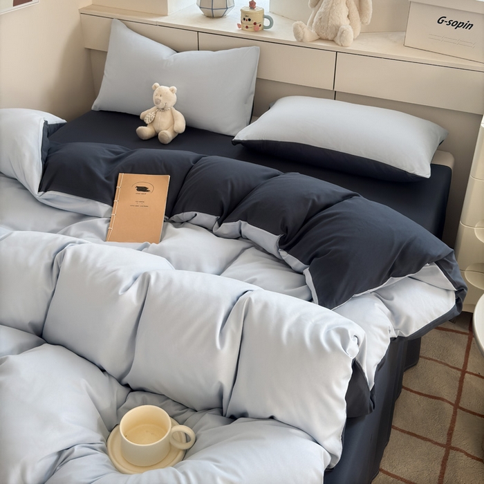 91家纺网 家纺一手货源 找家纺 可可家纺 2025新款ins风纯色磨毛简约水洗棉四件套亲肤床单被套三件套 雾蓝洛克兰