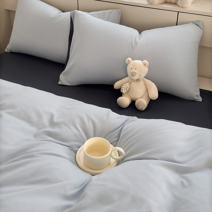 91家纺网 家纺一手货源 找家纺 可可家纺 2025新款ins风纯色磨毛简约水洗棉四件套亲肤床单被套三件套 雾蓝洛克兰