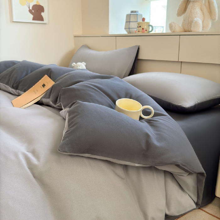 可可家纺 2025新款ins风纯色磨毛简约水洗棉四件套亲肤床单被套三件套 雾霾灰