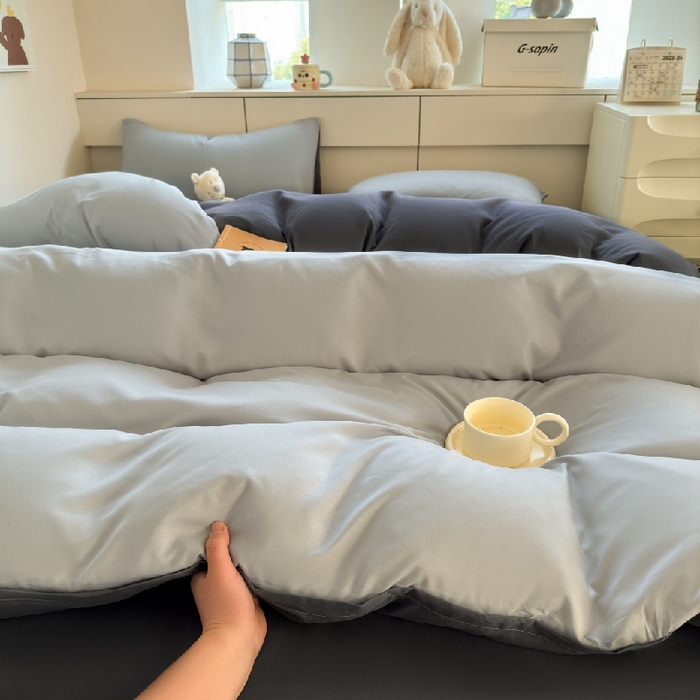 91家纺网 家纺一手货源 找家纺 可可家纺 2025新款ins风纯色磨毛简约水洗棉四件套亲肤床单被套三件套 雾霾灰