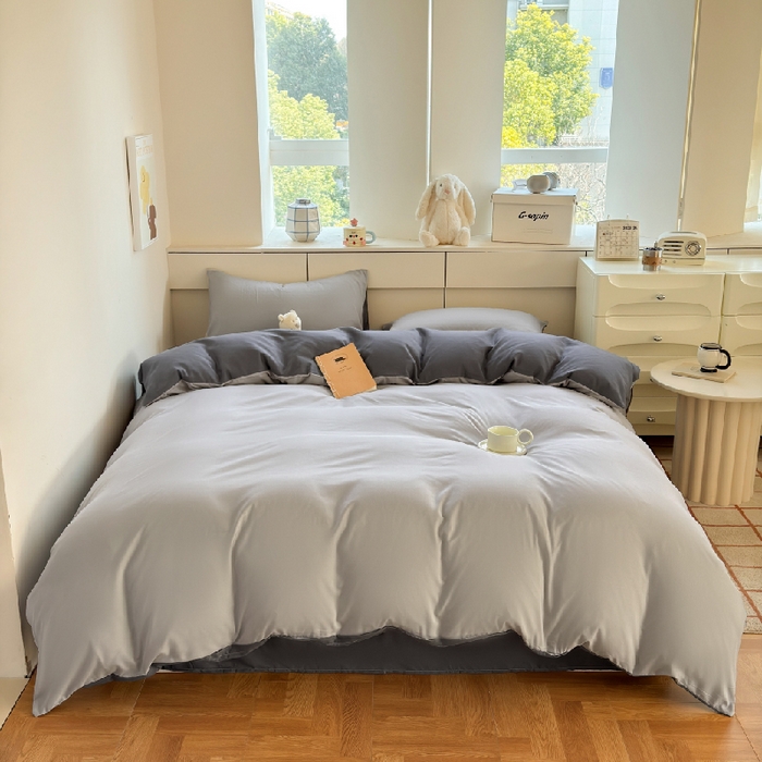 91家纺网 家纺一手货源 找家纺 可可家纺 2025新款ins风纯色磨毛简约水洗棉四件套亲肤床单被套三件套 雾霾灰