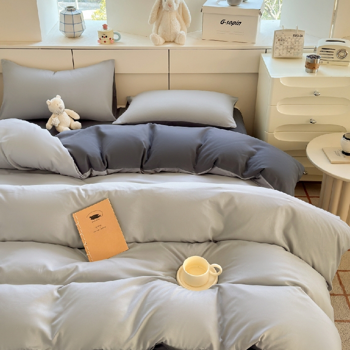 91家纺网 家纺一手货源 找家纺 可可家纺 2025新款ins风纯色磨毛简约水洗棉四件套亲肤床单被套三件套 雾霾灰