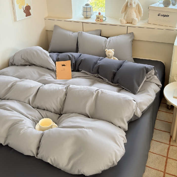 91家纺网 家纺一手货源 找家纺 可可家纺 2025新款ins风纯色磨毛简约水洗棉四件套亲肤床单被套三件套 雾霾灰