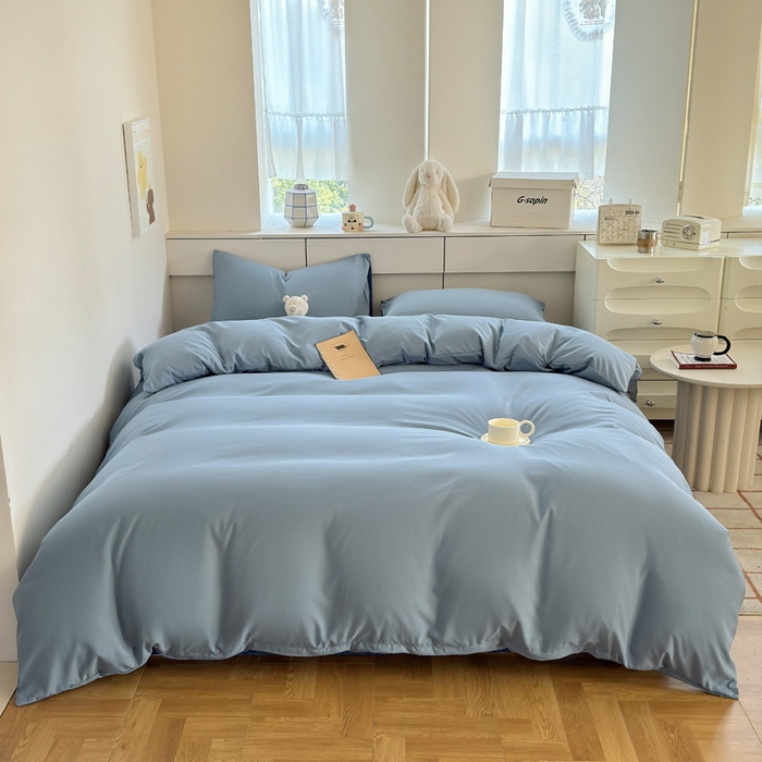 91家纺网 家纺一手货源 找家纺 可可家纺 2025新款ins风纯色磨毛简约水洗棉四件套亲肤床单被套三件套 雾霾蓝海蓝