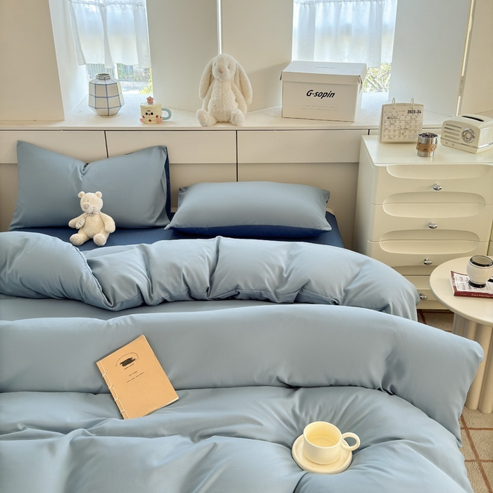 91家纺网 家纺一手货源 找家纺 可可家纺 2025新款ins风纯色磨毛简约水洗棉四件套亲肤床单被套三件套 雾霾蓝海蓝