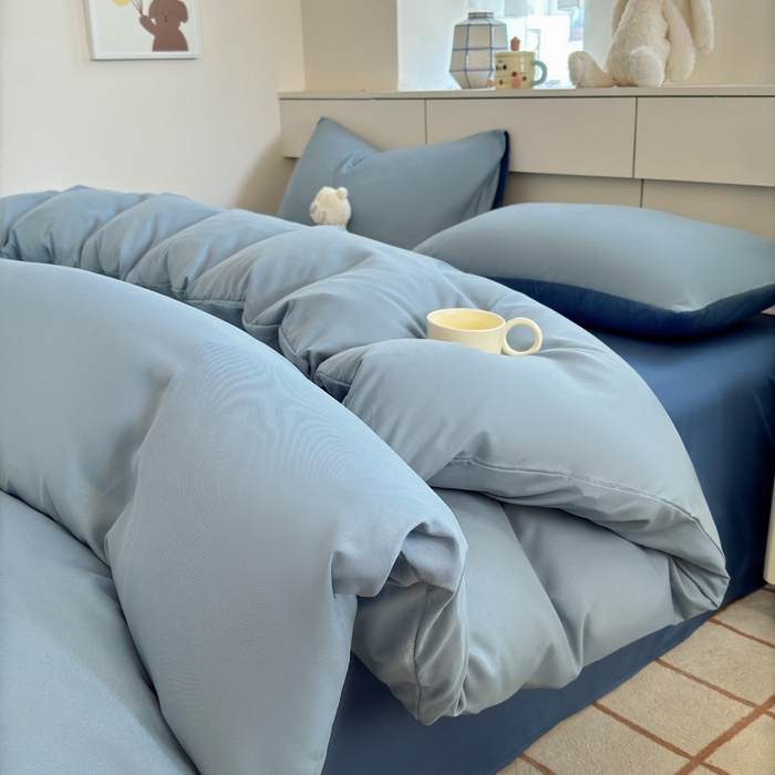 91家纺网 家纺一手货源 找家纺 可可家纺 2025新款ins风纯色磨毛简约水洗棉四件套亲肤床单被套三件套 雾霾蓝海蓝