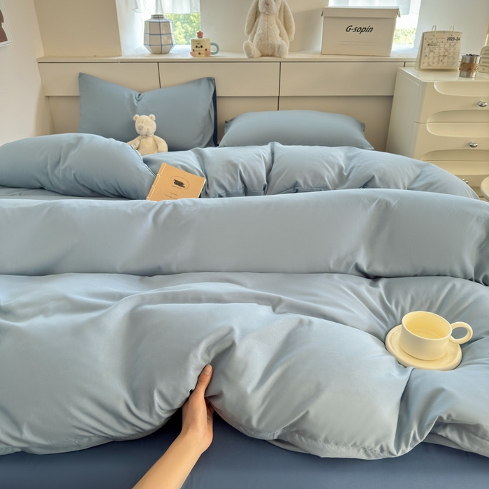 91家纺网 家纺一手货源 找家纺 可可家纺 2025新款ins风纯色磨毛简约水洗棉四件套亲肤床单被套三件套 雾霾蓝海蓝
